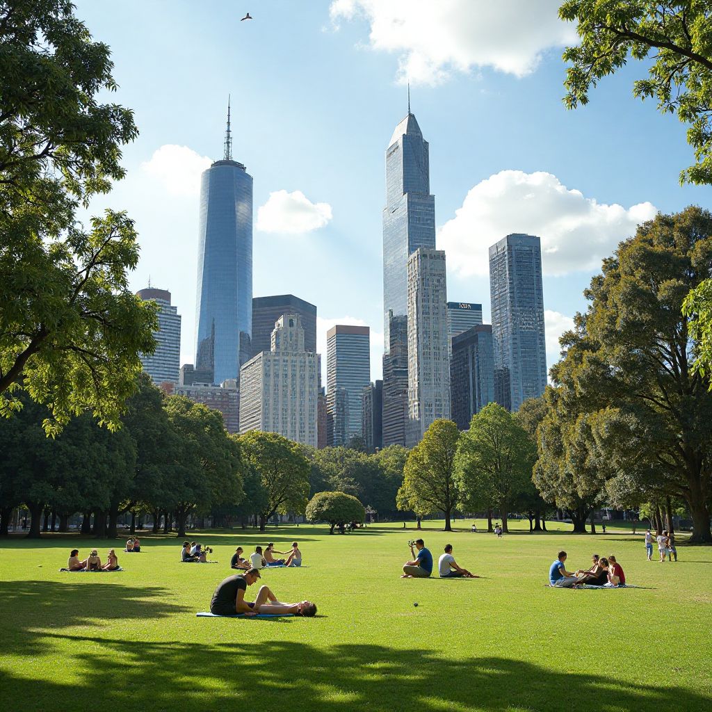 Urban park with city skyline